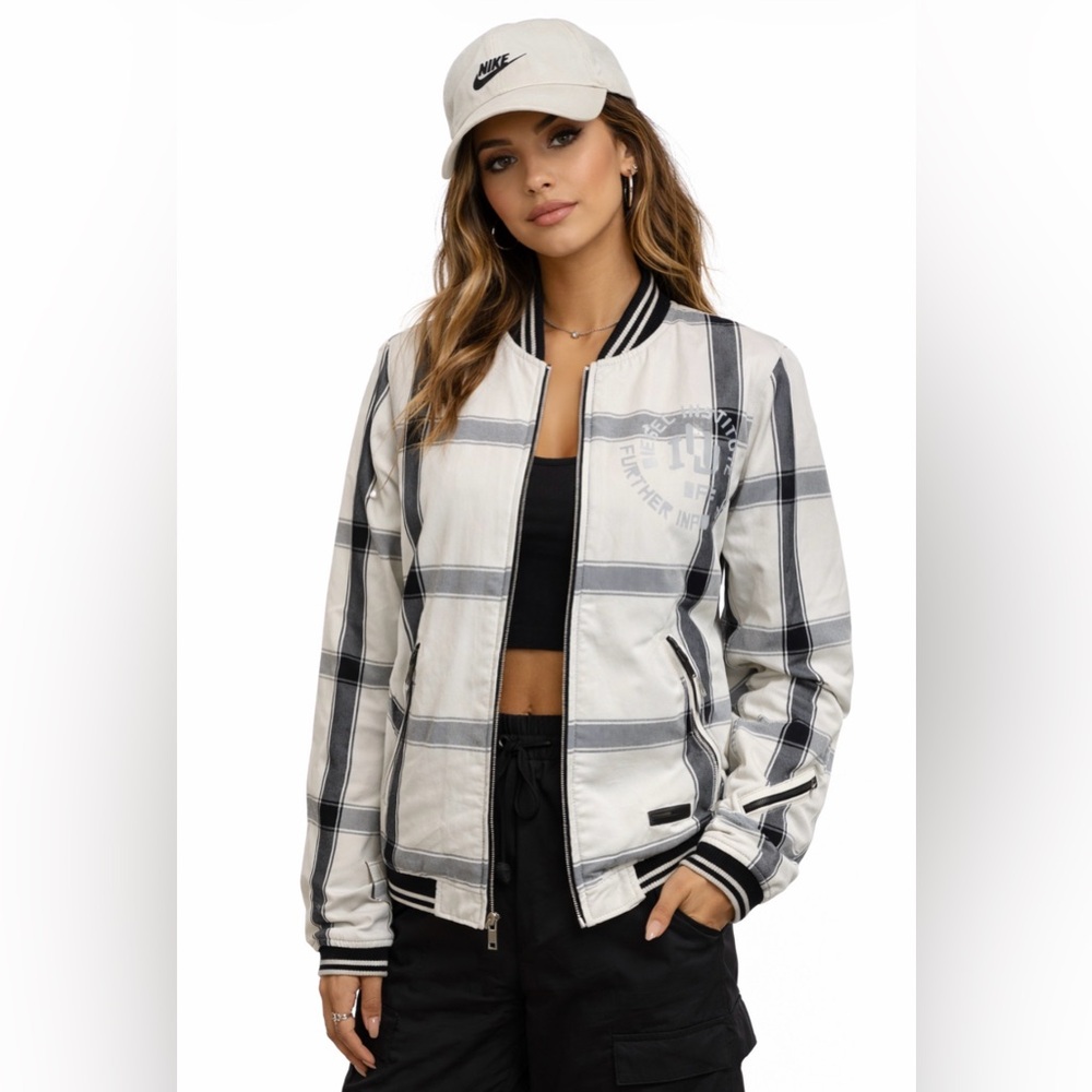 Diesel Y2K Plaid Bomber Jacket Leather Detail Zip Up Streetwear Sz S